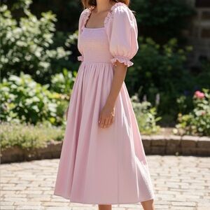 Selkie Blush Pink Midi Dress with Puff Sleeves